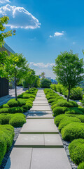 Beautiful Urban Garden Walkway with Lush Greenery and Modern Pathway