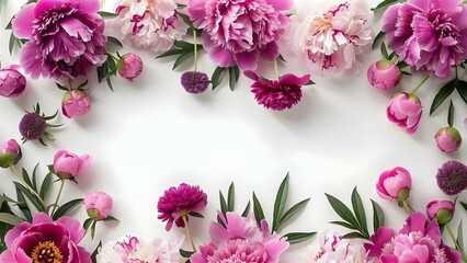 Stylish arrangement of pink and purple peony flowers on a simple white backdrop. Concept Floral Decor, Peony Arrangement, Pink and Purple Flowers, White Background, Stylish Design