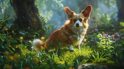 Immerse the viewer in a whimsical, digitally rendered world where a mischievous corgi with perky ears and a wagging tail explores a dreamlike landscape, blending photorealistic textures with a touch o