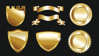 collection of elegant black and golden design elements - shields, labels, seals, banners, badges, scrolls and ornaments