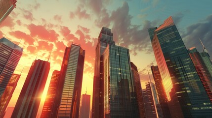 Skyscrapers against the sky high-rise buildings at sunset cityscape with skyscrapers 3D rendering