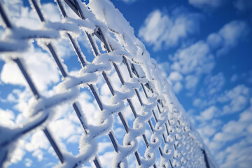 Snow Covered Fence Against Clear Blue Sky - Powered by Adobe