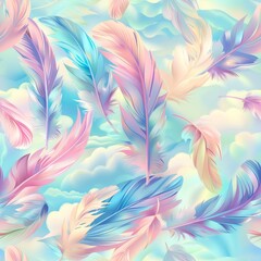 Pattern of feathers and clouds in light pastel colors