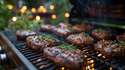 A grill with beef steaks and rosemary.