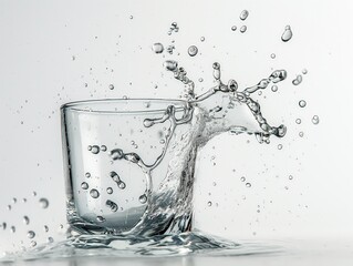 Crystal clear water splashing out of a glass cup, with droplets suspended in air against a grey background. - obrazy, fototapety, plakaty