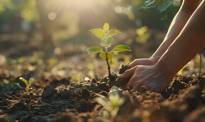 Close-up hands planting a seedling in the soil. Background with selective focus and copy space