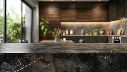 Blurred kitchen background with dark marble table for product display. Concept Product Photography, Blurred Background, Dark Marble Table, Kitchen Setting, Visual Merchandising
