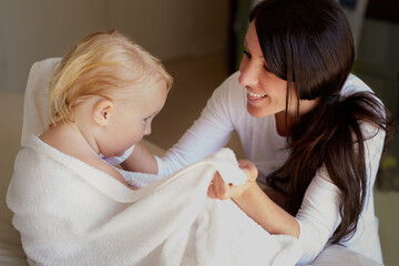 Dry, towel or baby with mother in home for love, care or comfort for bonding, bathing or routine....