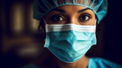 African American Female Health Care Worker Looking at Camera. Portrait Close Up Doctor Nurse Wearing Protective Mask. First Responder is wearing mask and looking to the camera - Powered by Adobe