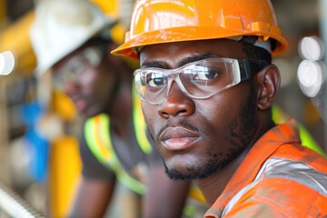 An engineer wearing safety glasses and an orange hard hat