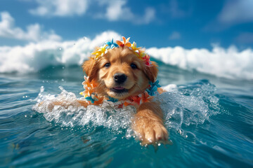 Swimming Puppy Wearing Flower Lei in Sunny Ocean Waters