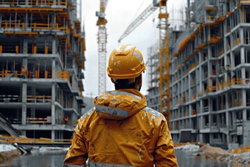Fototapeta premium Man in workwear with hard hat and yellow jacket at construction site