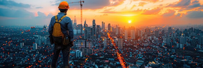 Worker in workwear admires cityscape from skyscraper at sunset