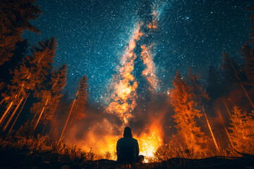 Serene Night Lone Man by Campfire Under Starry Sky