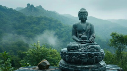 Majestic Buddha Statue Amidst Untamed Forest Backdrop