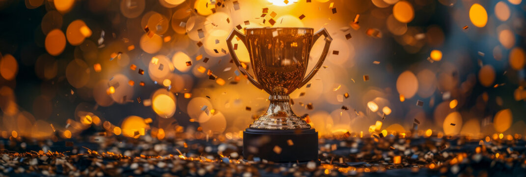 Golden Trophy Cup Celebrated with Sparkling Confetti
