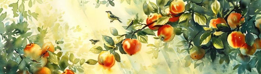 Oil painting of orange tree with ripening fruits.