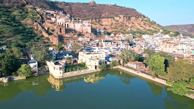 Bundi city, Taragarh Fort from drone, India from the air