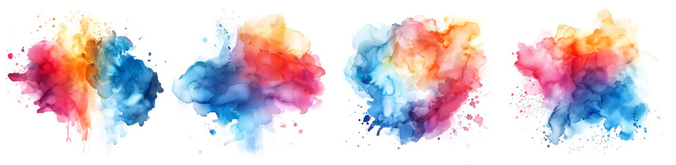 set of colorful watercolor stain isolated on white and transparent background