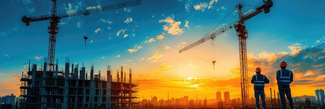 Sunlight illuminates two workers at a construction site during sunset