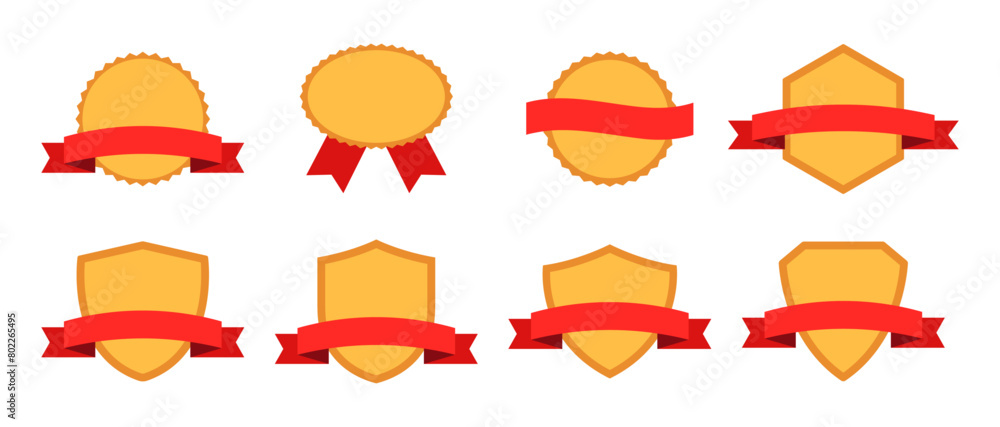 Poster shield with stitched ribbon template and elements for logo design in flat vector in red and yellow c