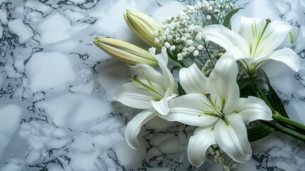 White Lily Bouquet on Marble: Funeral Floral Tribute