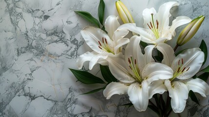 Fototapeta na wymiar White Lily Bouquet on Marble: Funeral Floral Tribute