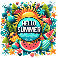 Hello summer typography sales illustration design with the decoration of plants, sun, sunglasses,  fruits, and a beach vibe