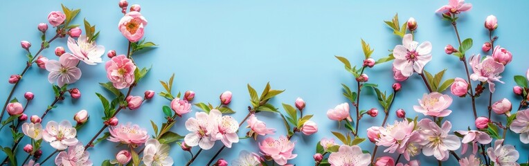 Pastel Spring Floral Border: Beautiful Pink Flowers on Blue Table in Flat Lay Style View
