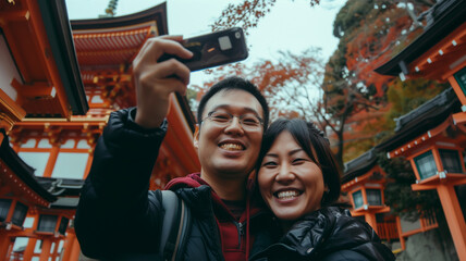 日本観光の自撮りしている外国人旅行客