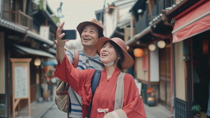 日本観光の自撮りしている外国人旅行客 - obrazy, fototapety, plakaty