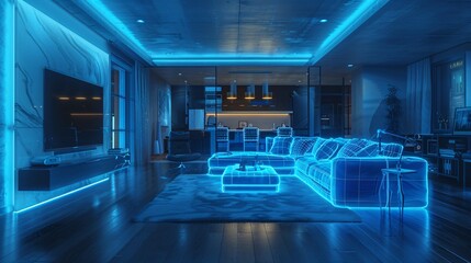Futuristic living room with blue neon lighting and modern furniture design
