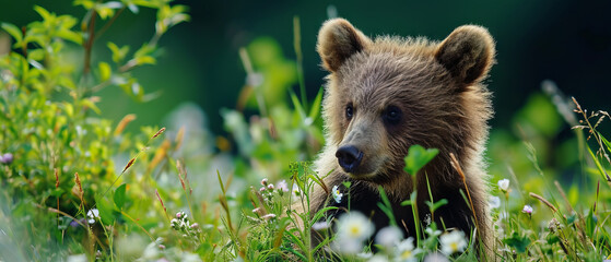 Young Brown Bear Cub Relaxing Among Wildflowers in Lush Meadow