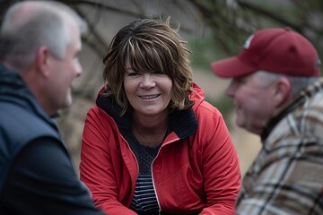 A woman in a red jacket and a baseball cap is talking to her friends.