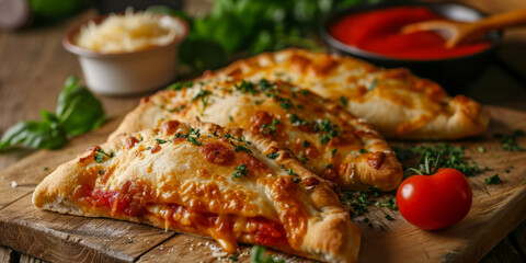 Delicious Homemade Cheese and Tomato Calzones on Wooden Table