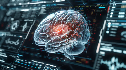 A brain in front of a computer, illustrated with elements like fractals, light waves, and grids, representing a fusion of technology, science, and human thought