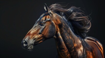 Obraz premium Produce a hyper-realistic digital illustration of a horse in a frontal view, ensuring each strand of its mane and fur is meticulously depicted with photorealistic precision Showcase the beauty and ele