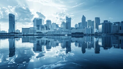 Obraz premium 3d urban abstract background with blue sky and blue buildings futuristic city panorama illustration. 