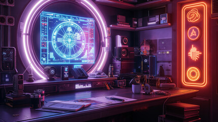 Futuristic Cybersecurity Command Center with Neon Lights and Advanced Monitoring