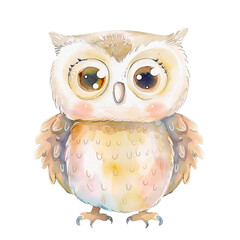 Cute cartoon kawaii baby owl watercolor illustration PNG
