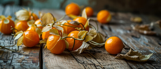 Fresh Organic Physalis on a Rustic Wooden Table