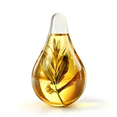 Pale yellow glowing drop of oil with tea tree leaves inside, isolated on a white background.