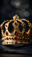 a regal king's crown gleaming in gold against a dark, dramatic background.