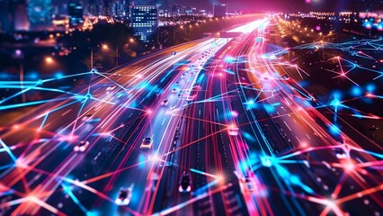 Efficient digital city with fast car traffic and data transfer technology. Concept Efficient Transport, Fast Data Transfer, Smart City Technologies