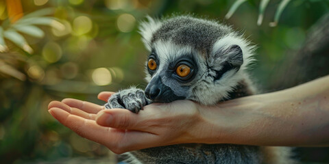Fototapeta premium Lemur holding human hand on blurred jungle background. Caring for exotic animals.