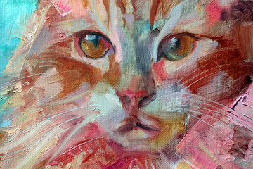 Watercolor and oil portrait of orange cat, traditional art