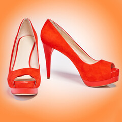 Shoes, fashion and women footwear isolated on studio background for luxury, designer and sale....