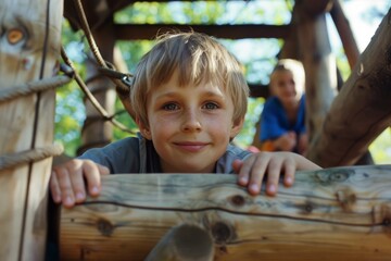 Portrait of smiling boy looking at camera while standing in adventure park