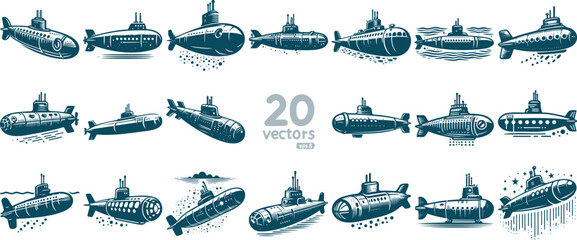 submarine in a collection of simple stencil vector illustrations