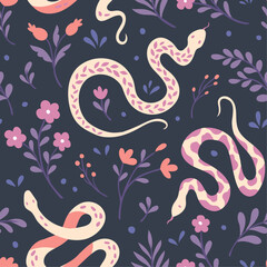Cute seamless pattern with snake and floral elements. Vector illustration with cartoon drawings for print, fabric, textile.